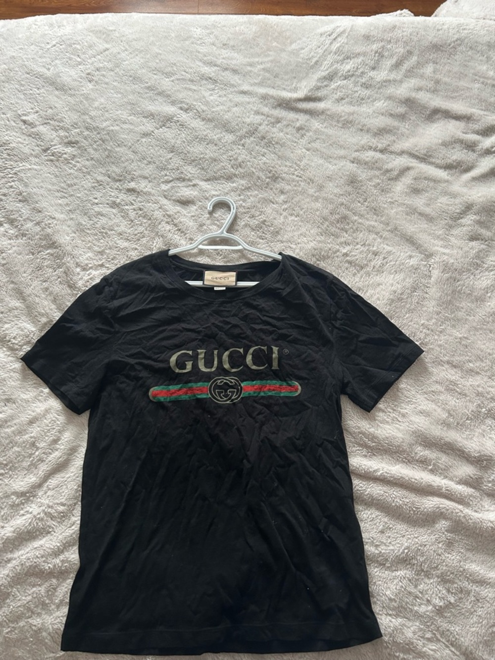 Gucci Black T-Shirt with Gold Logo and Green-Red Stripe